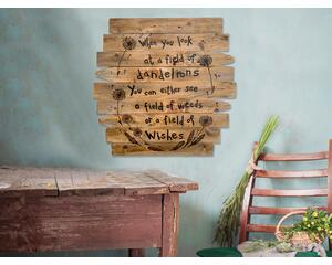 This is a handmade Dandelion wall art. The artwork is wood-burned on an old fence featuring Danelion Wishes.